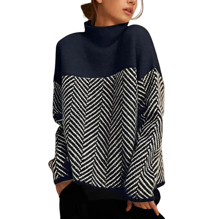 Damen Strickpullover mit Stehkragen und Zickzackmuster