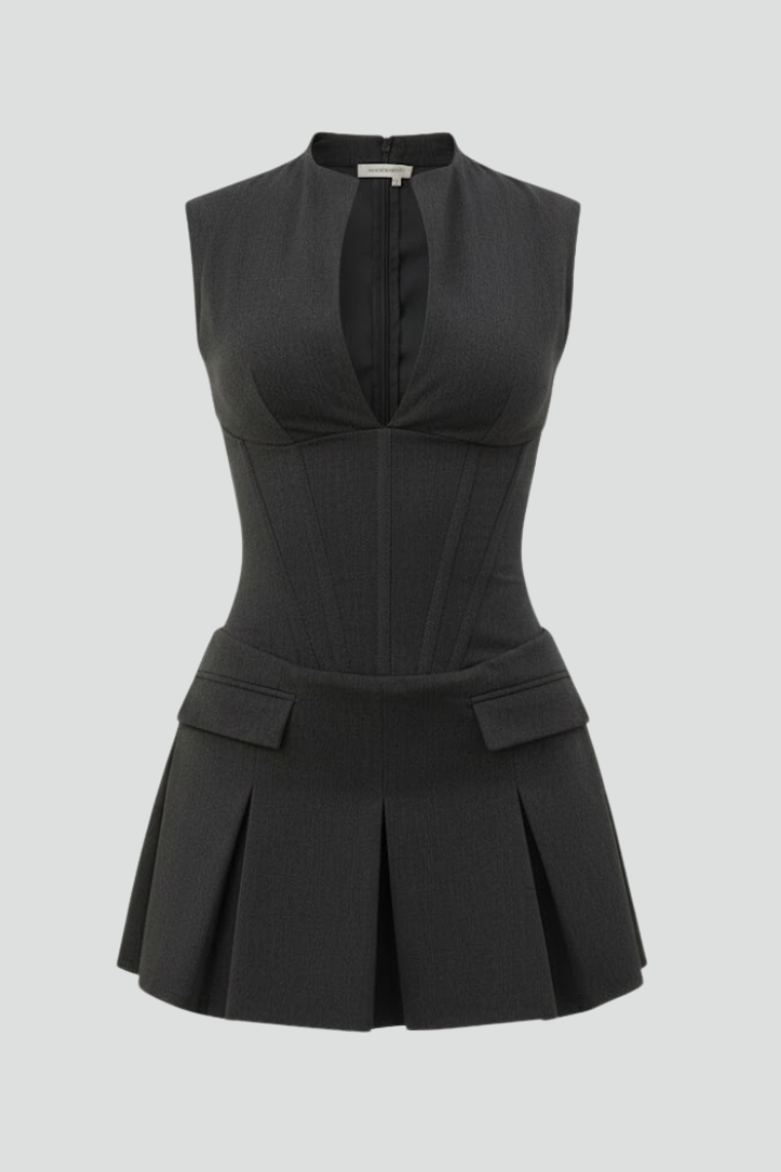 Damen strukturiertes Minikleid mit ärmellosem Schnitt und Faltenrock