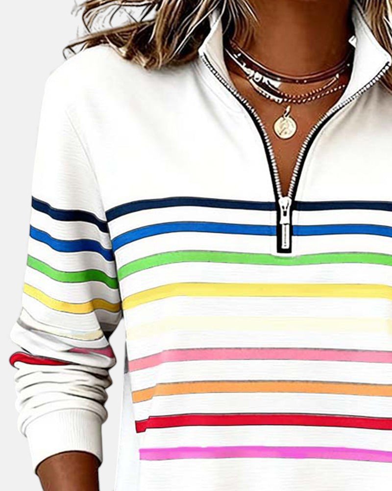 Greta | Damen Sweatshirt Gestreift Reißverschluss Regenbogen