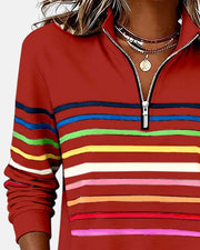 Greta | Damen Sweatshirt Gestreift Reißverschluss Regenbogen