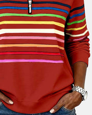 Greta | Damen Sweatshirt Gestreift Reißverschluss Regenbogen