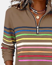 Greta | Damen Sweatshirt Gestreift Reißverschluss Regenbogen