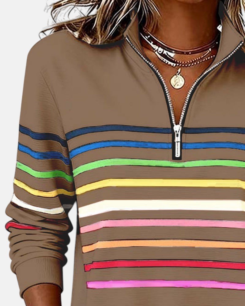 Greta | Damen Sweatshirt Gestreift Reißverschluss Regenbogen