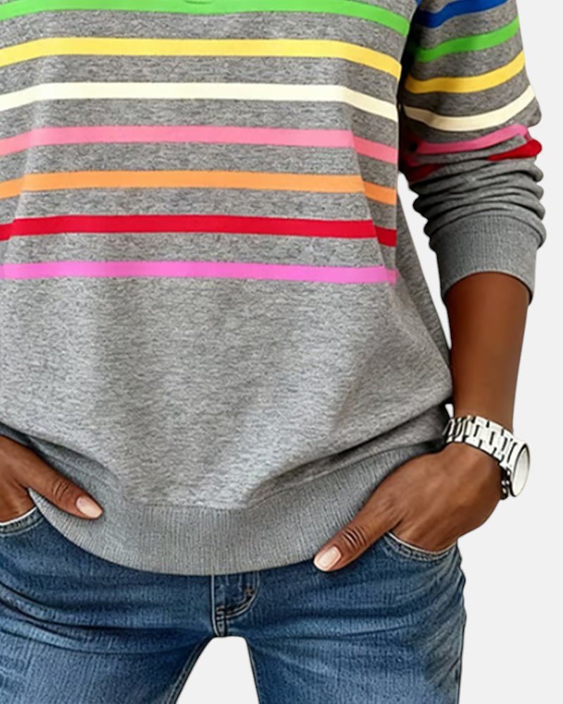 Greta | Damen Sweatshirt Gestreift Reißverschluss Regenbogen