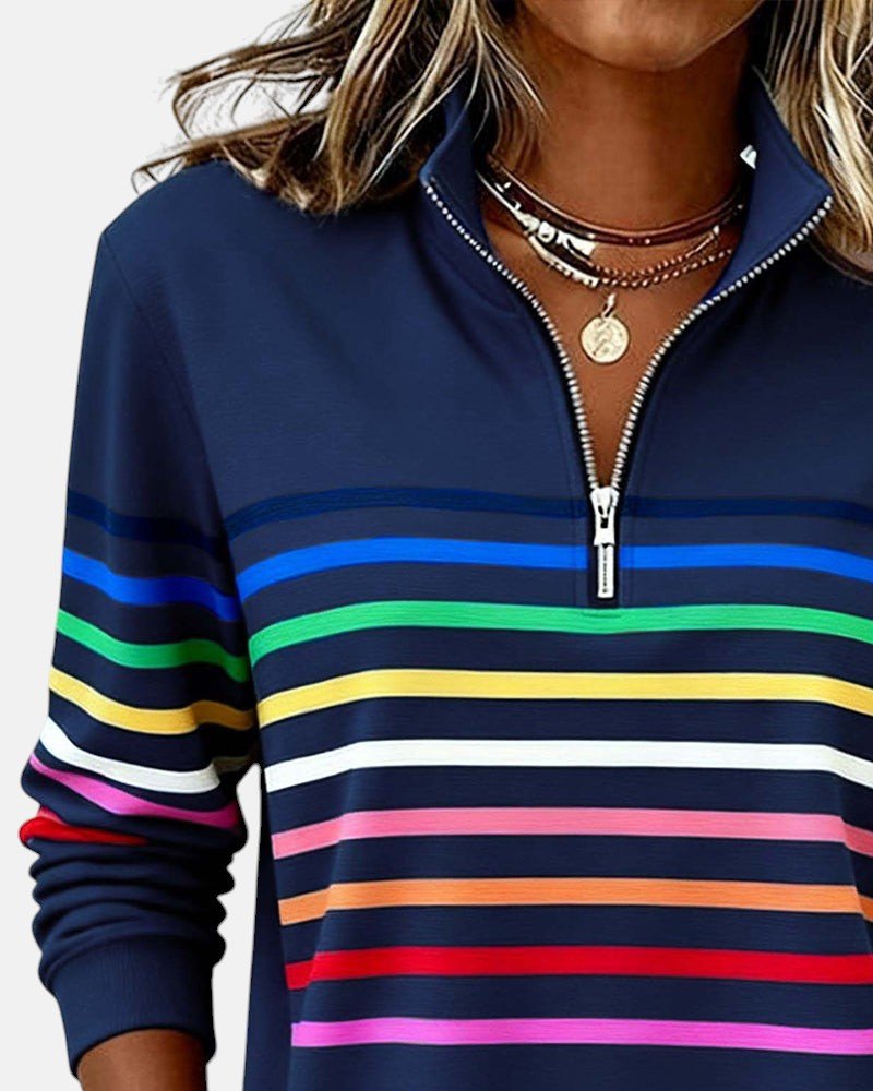 Greta | Damen Sweatshirt Gestreift Reißverschluss Regenbogen