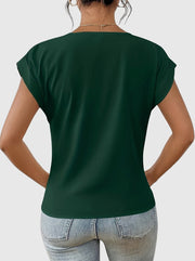 Damen-T-Shirt mit V-Ausschnitt, gekrempelten Ärmeln und Knotendetail