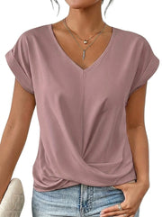 Damen-T-Shirt mit V-Ausschnitt, gekrempelten Ärmeln und Knotendetail