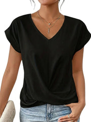 Damen-T-Shirt mit V-Ausschnitt, gekrempelten Ärmeln und Knotendetail