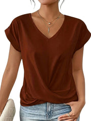 Damen-T-Shirt mit V-Ausschnitt, gekrempelten Ärmeln und Knotendetail