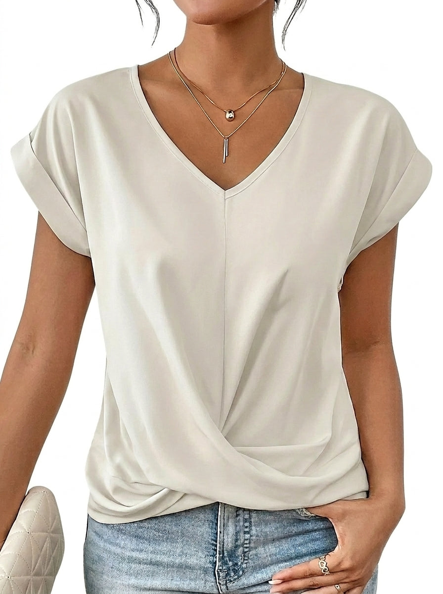 Damen-T-Shirt mit V-Ausschnitt, gekrempelten Ärmeln und Knotendetail
