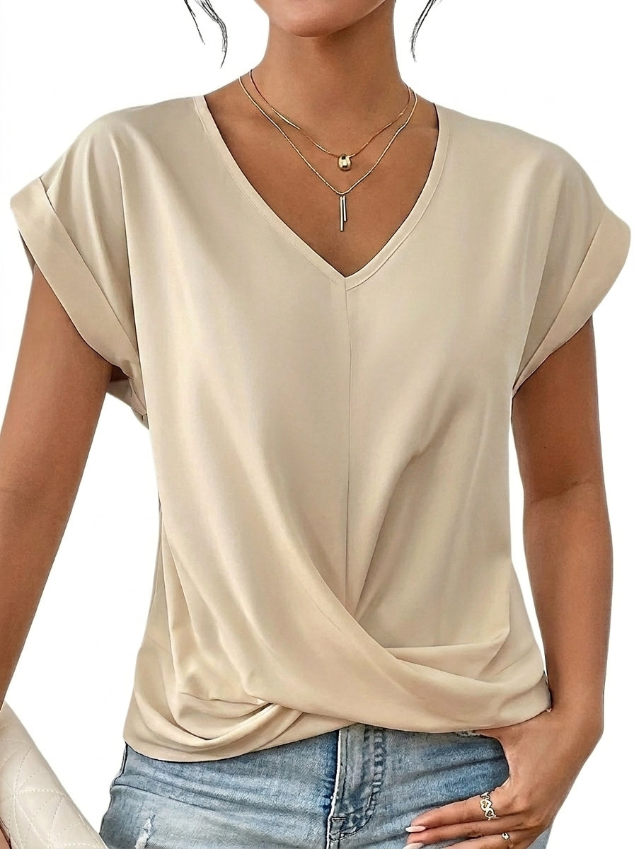 Damen-T-Shirt mit V-Ausschnitt, gekrempelten Ärmeln und Knotendetail
