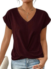 Damen-T-Shirt mit V-Ausschnitt, gekrempelten Ärmeln und Knotendetail