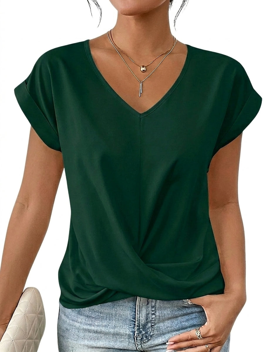 Damen-T-Shirt mit V-Ausschnitt, gekrempelten Ärmeln und Knotendetail