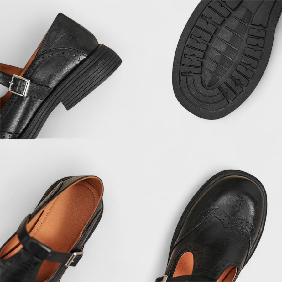 Damen-T-Spangen-Schuhe mit Flügelkappe und Brogue-Verzierungen
