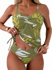 Damen-Tankini-Set mit Blattmuster, Knotendetail und seitlichen Kordelzügen