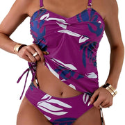 Damen-Tankini-Set mit Blattmuster, Knotendetail und seitlichen Kordelzügen