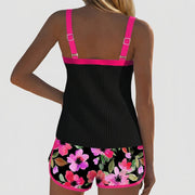 Damen-Tankini-Set mit geripptem Oberteil und gemusterten Shorts