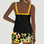 Damen-Tankini-Set mit geripptem Oberteil und gemusterten Shorts
