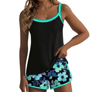Damen-Tankini-Set mit geripptem Oberteil und gemusterten Shorts