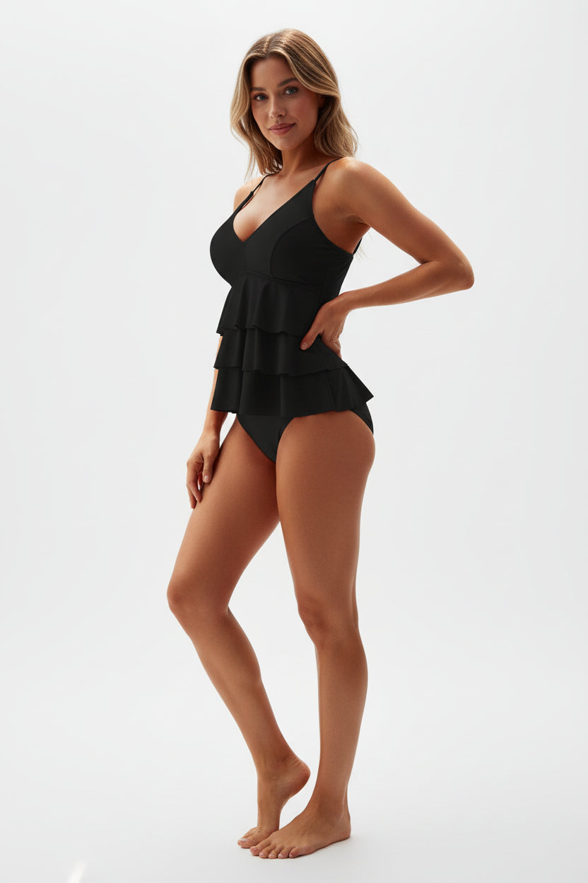 Damen Tankini Set mit Volant-Oberteil und Trägern