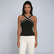 Damen-Tanktop mit überkreuztem Neckholder und Kontrastpaspelierung