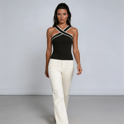 Damen-Tanktop mit überkreuztem Neckholder und Kontrastpaspelierung