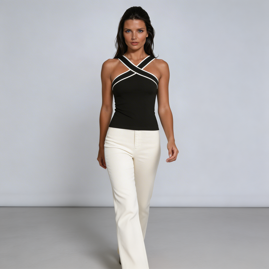 Damen-Tanktop mit überkreuztem Neckholder und Kontrastpaspelierung