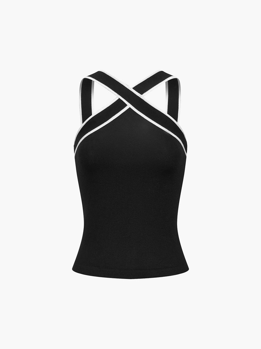 Damen-Tanktop mit überkreuztem Neckholder und Kontrastpaspelierung