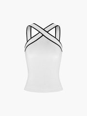 Damen-Tanktop mit überkreuztem Neckholder und Kontrastpaspelierung