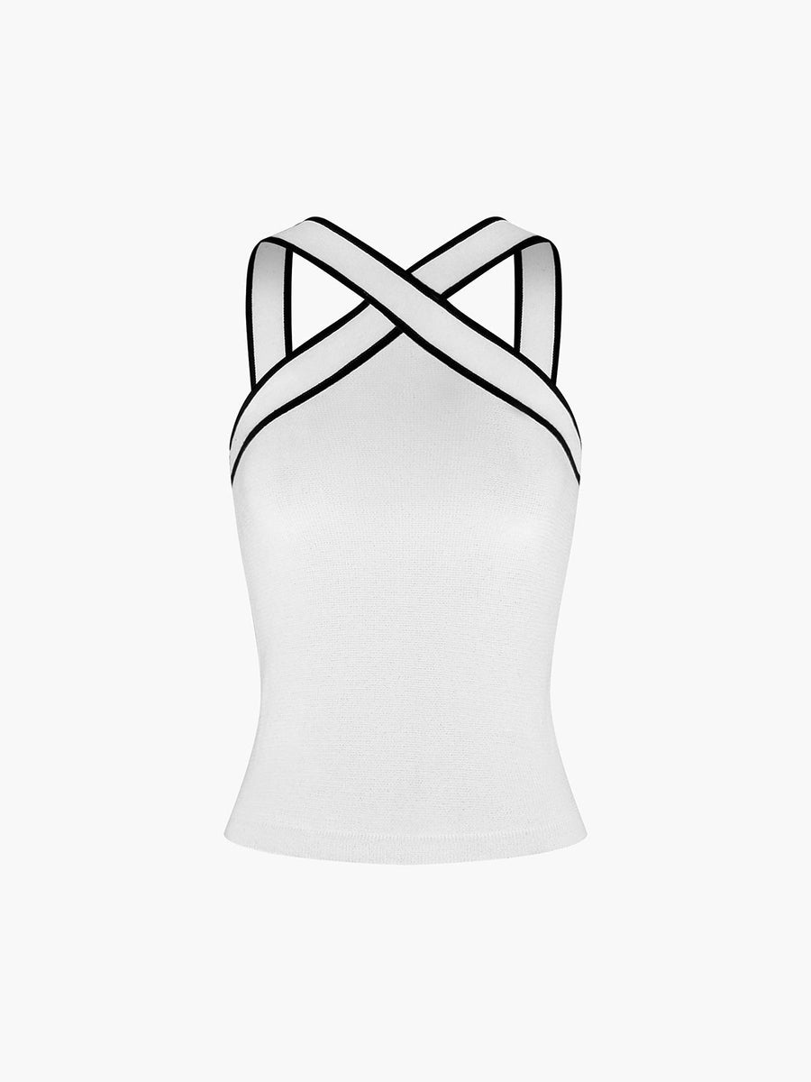 Damen-Tanktop mit überkreuztem Neckholder und Kontrastpaspelierung
