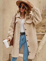 Damen Teddymantel in Beige mit Knopfleiste
