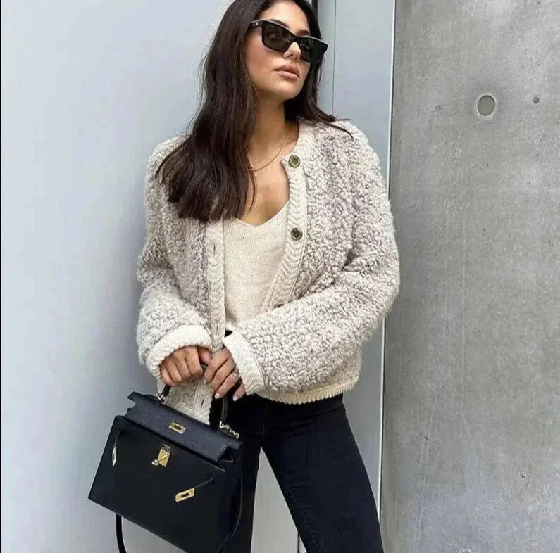 Damen Teddy Strickjacke lässiger Stil mit Knöpfen