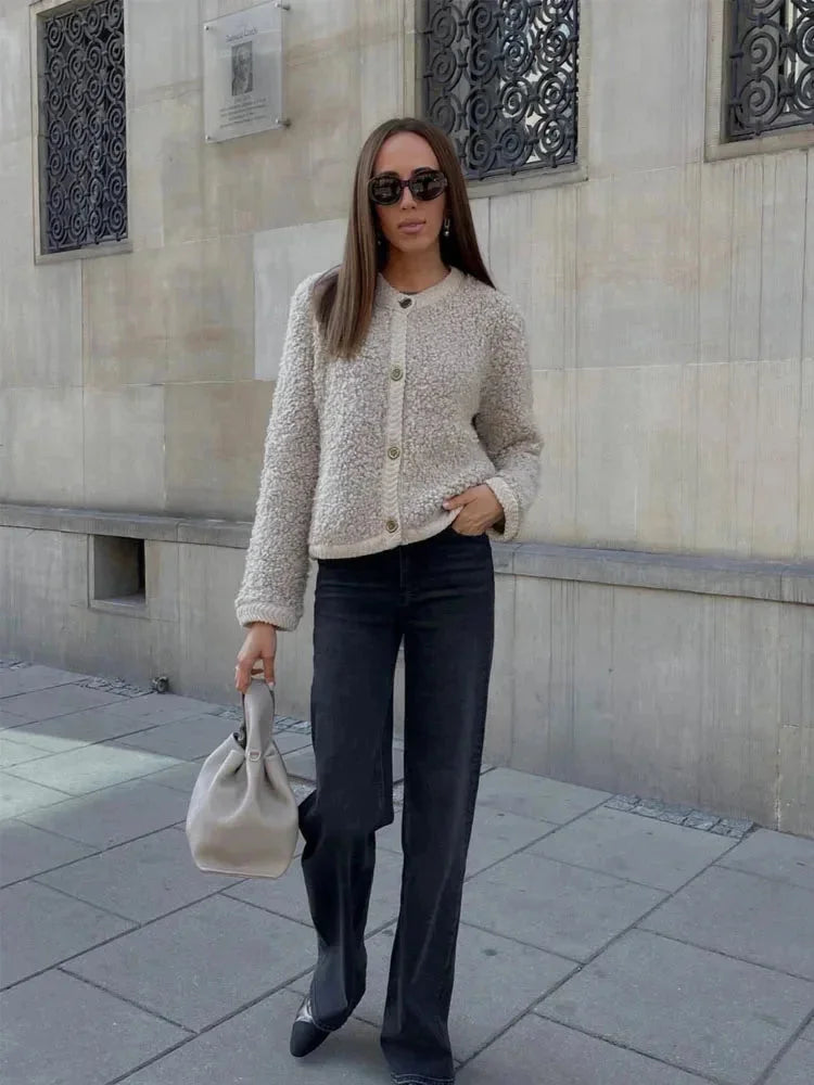 Damen Teddy Strickjacke lässiger Stil mit Knöpfen