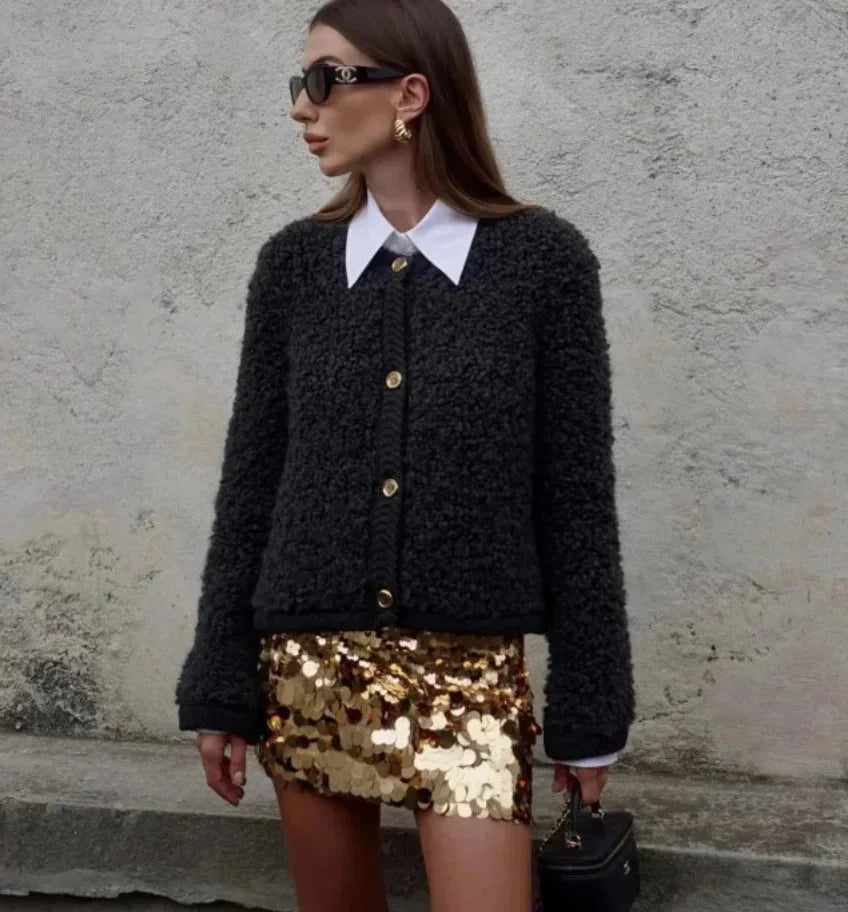 Damen Teddy Strickjacke lässiger Stil mit Knöpfen