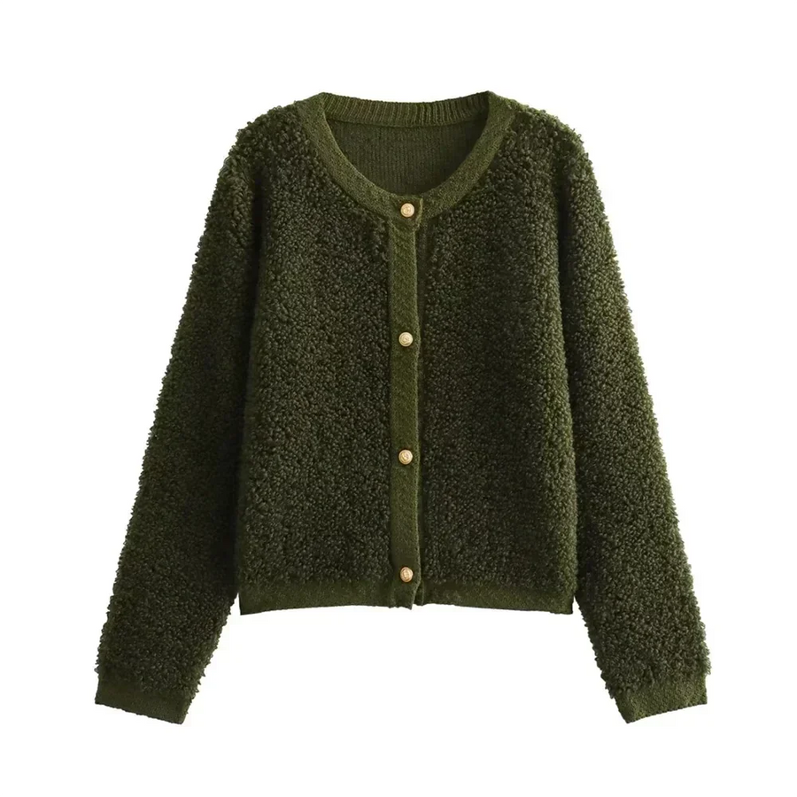 Damen Teddy Strickjacke lässiger Stil mit Knöpfen
