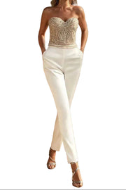 Damen trägerloser Jumpsuit mit strukturiertem Oberteil und geradem Bein