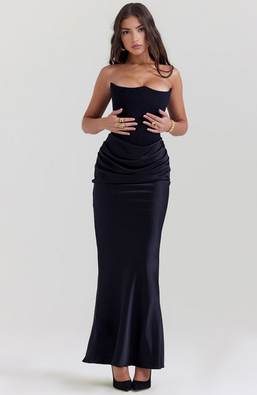 Damen trägerloses langes Kleid mit drapiertem Taillenpanel