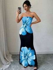 Damen Trägerloses Säulenkleid mit Großen Blumenmotiven