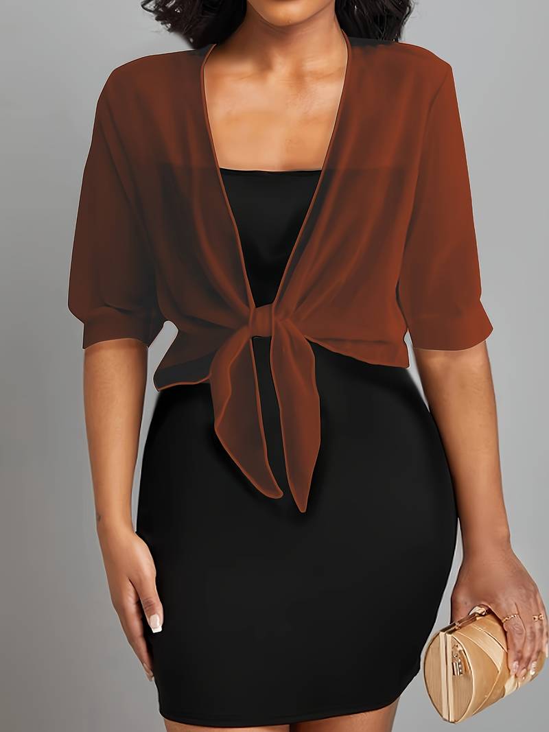 Damen transparente Kurzbluse mit Bindung vorne und kurzen Ärmeln