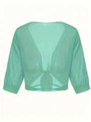 Damen transparente Kurzbluse mit Bindung vorne und kurzen Ärmeln