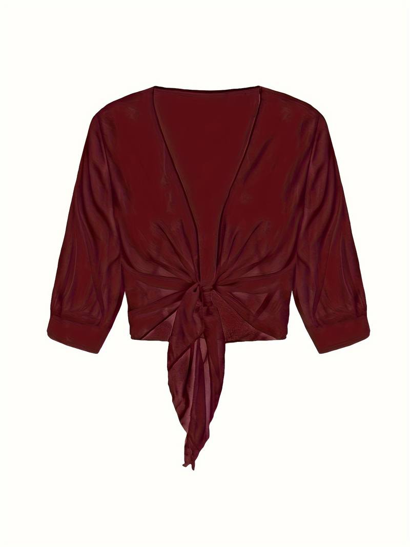 Damen transparente Kurzbluse mit Bindung vorne und kurzen Ärmeln
