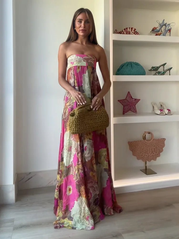 Sophie | Damen Trägerloses Blumen Maxi Hochzeitsgast Kleid