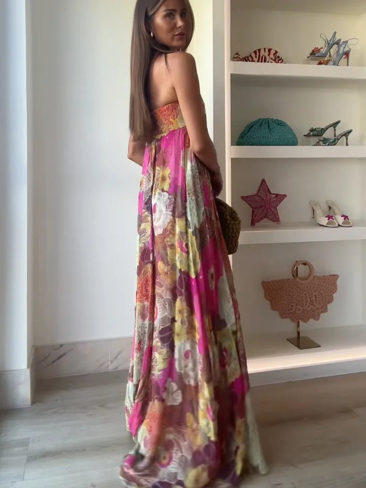 Sophie | Damen Trägerloses Blumen Maxi Hochzeitsgast Kleid