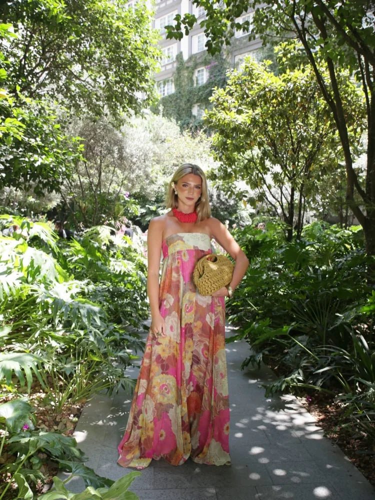 Sophie | Damen Trägerloses Blumen Maxi Hochzeitsgast Kleid