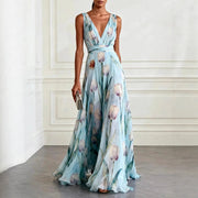 Luisa | Damen Tulpen-Print Chiffon V-Ausschnitt Maxi-Kleid