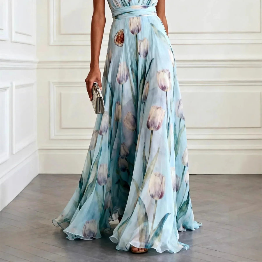 Luisa | Damen Tulpen-Print Chiffon V-Ausschnitt Maxi-Kleid