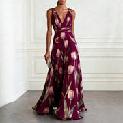 Luisa | Damen Tulpen-Print Chiffon V-Ausschnitt Maxi-Kleid