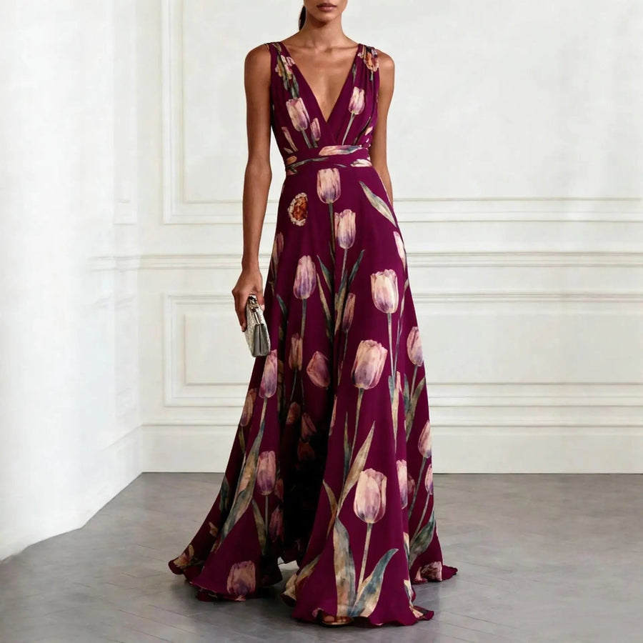 Luisa | Damen Tulpen-Print Chiffon V-Ausschnitt Maxi-Kleid