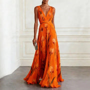 Luisa | Damen Tulpen-Print Chiffon V-Ausschnitt Maxi-Kleid