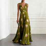 Luisa | Damen Tulpen-Print Chiffon V-Ausschnitt Maxi-Kleid